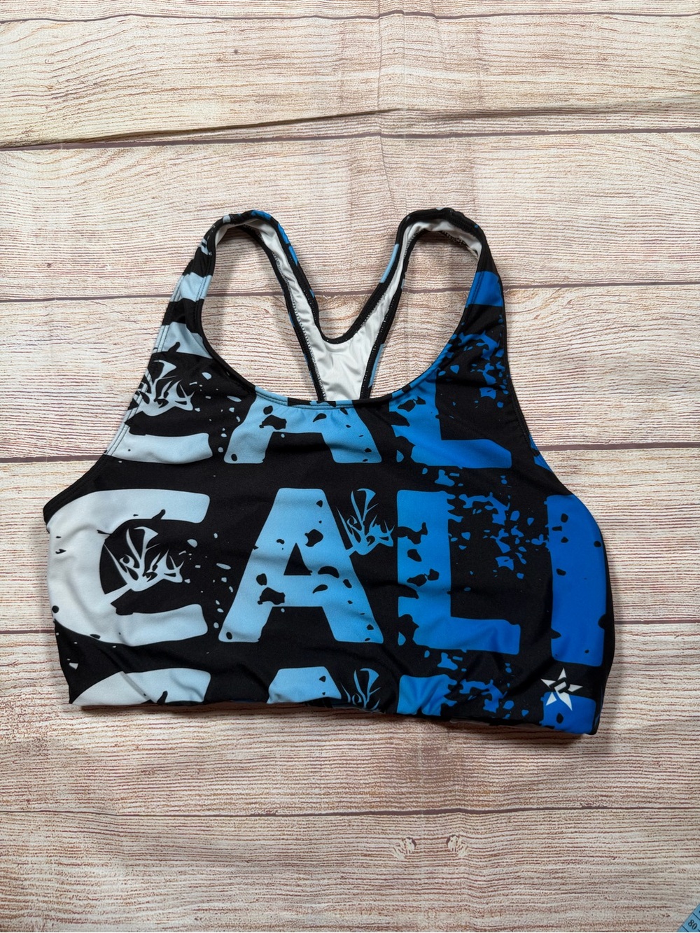 Rebel Athletic Cali Racerback Sports Bra - Black‎ & Blue Graphic Support